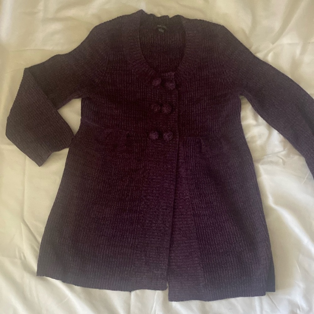 Style & Co sweater, sz L. Purple and black tweed. Snaps in front.
